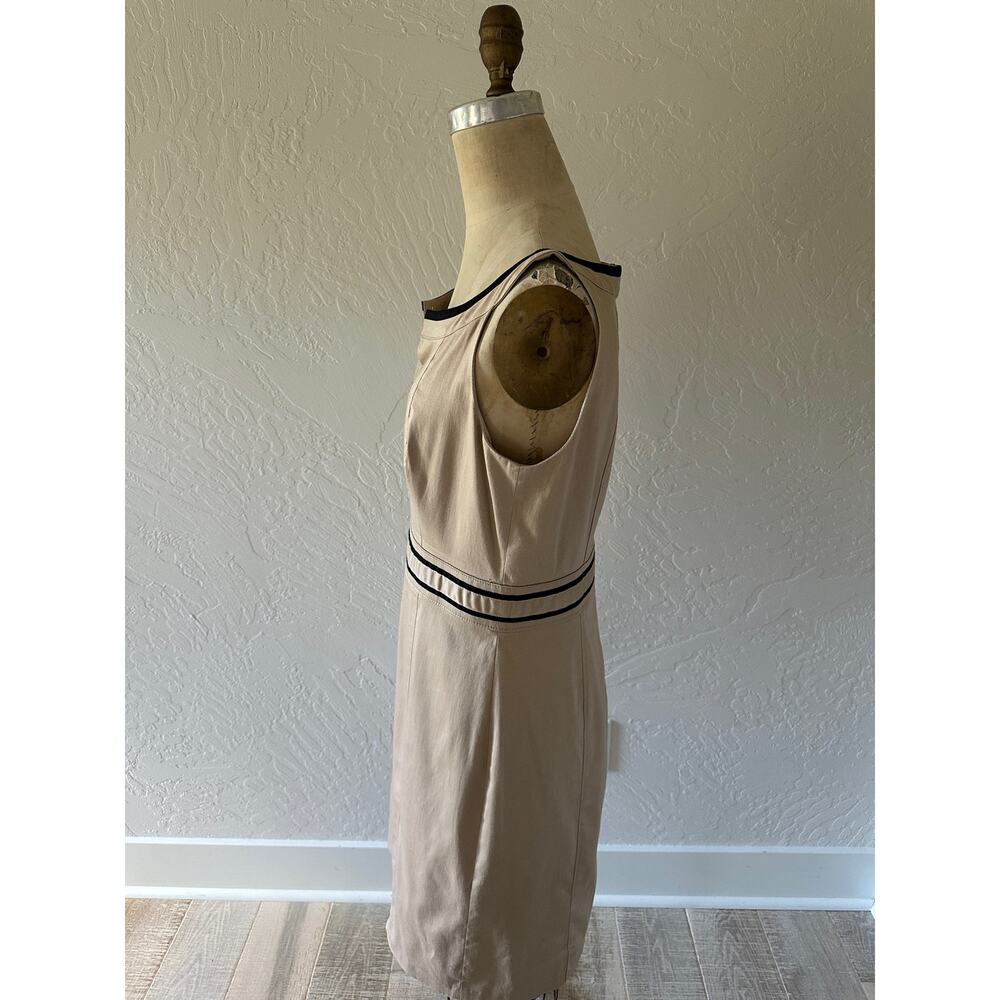 White House Black Market Khaki Split-Neck Sheath Dress with Black Trim - Picture 7 of 13